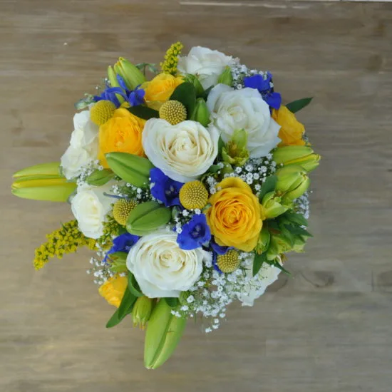 Bouquet de mariée jaune et bleu